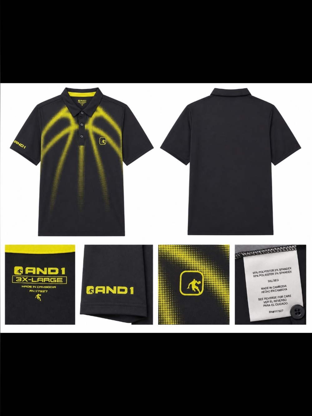 AND1 Men’sBlack Polo with Yellow Burst Graphic 3X
